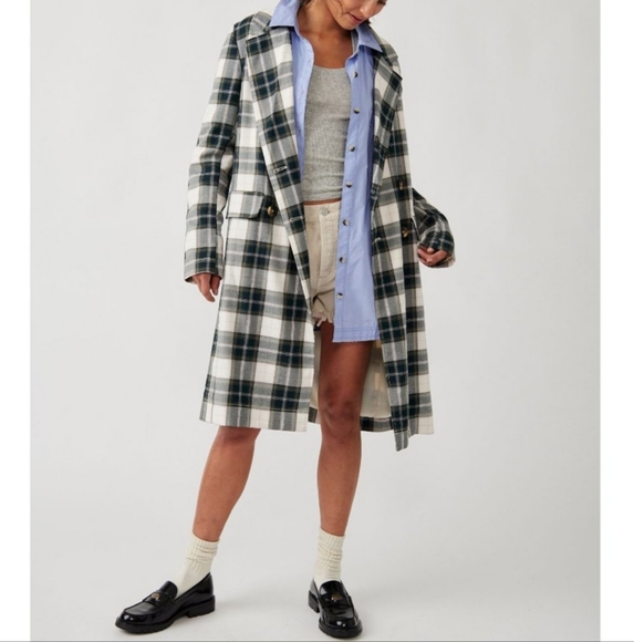 NWT Free People Freddie Longline Plaid Blazer Green Cream